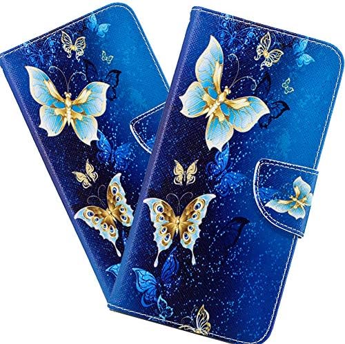 HMTECHUS samsung kılıfı A10E Altın Mavi Kelebek Zarif PU Deri Flip Kart Yuvası Cüzdan Kickstand Bookstyle Manyetik Toka Kapak Samsung