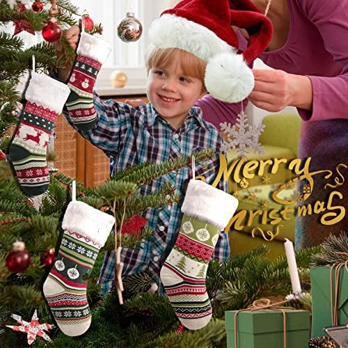 LEQUC Noel Çorapları,Çocuklar için 15 inç Örgü Noel Çorapları, 4 adet Büyük Noel Çorapları, Şömine için Yeşil Örgü Peluş Süslemeler,