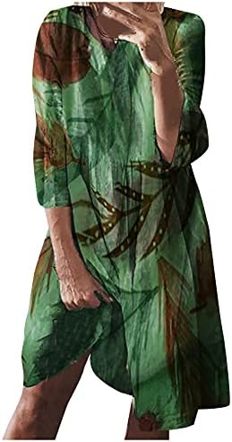 NOKMOPO Maxi Elbise Kadınlar için Rahat Rahat Yuvarlak Boyun / Yaprak Baskı Uzun Kollu Elbise