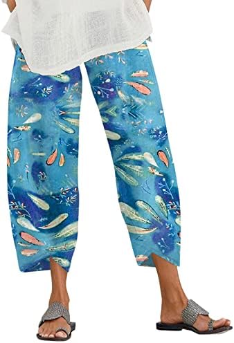Bayan Pamuk Keten kapri pantolonlar, Elastik Yüksek Bel Geniş Bacak Gevşek Fit Yoga Kapriler Grafik Çiçek Baskılı dökümlü pantolon