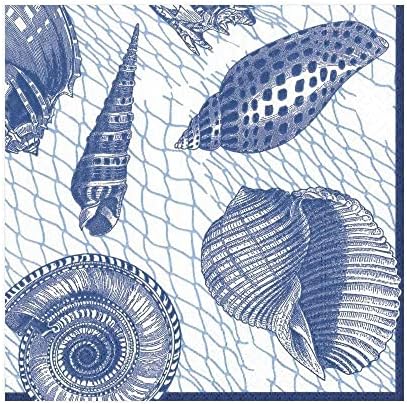 Caspari Filesi ve Deniz Kabukları Okyanus ve Plaj Temalı Kağıt Kokteyl Peçeteleri Mavi, İki Paket 20