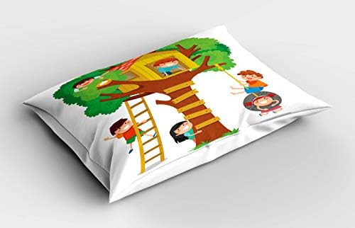 Ambesonne Karikatür Yastık Sham, Neşeli Erkek ve Kız Oynarken bir Ağaç Ev Mutlu Arkadaşlar, Dekoratif Standart Boyutu Baskılı Yastık