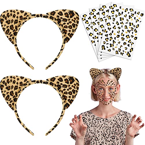 Altın Baskı Geçici Dövmeler ile 6 adet Cheetah Kulaklar Kafa Bandı, 2 Adet Leopar Kafa Bandı ve 4 Sayfalık Leopar Baskı Yüz için çıkarılabilir
