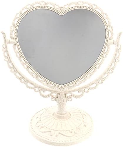 FOMIYES Vintage Kalp makyaj aynası, Çift Taraflı Büyüteç makyaj masası aynası, 360 Derece Döner Kozmetik Ayna Odası Masa Üstü (Bej)