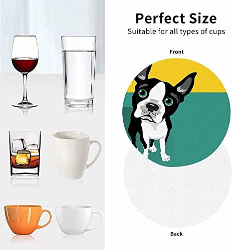 IBİLİU Boston Terrier Bardak Içecekler için, 6 Set Deri Coaster, Kawaii Siyah Köpek Sevimli Doggy Köpek Yeşil Sarı Yuvarlak İçecek