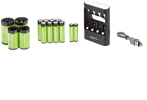 Temelleri AA (8'li Paket), AAA (2'li Paket) Şarj Edilebilir Piller, C ve D Dönüştürücüler içeren USB Pil Şarj Cihazı Paketi-Siyah