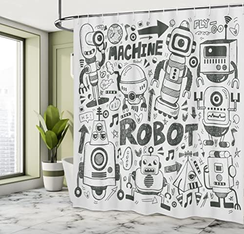 Ambesonne Robot Duş Perdesi, Fütüristik Uzay Doodle Tarzı Androidler Bilimkurgu Desen Fantezi Makinesi Sanat Baskı, bez Kumaş Hooks