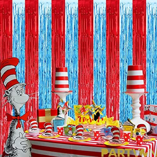 Sirk Karnaval Kırmızı Mavi Cicili Bicili Folyo Saçak Perdeler - Dr Seuss Doğum Günü Dr. Suess Kedi Şapka Tema Parti iç mekan dış mekan