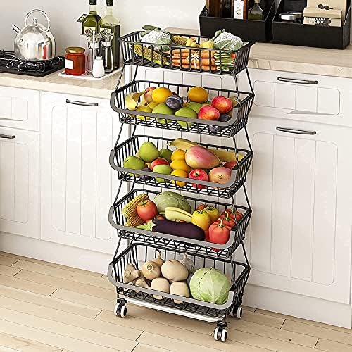 Tekerlekli Mutfak Depolama Sepeti İstiflenebilir Metal Yardımcı tekerlekli taşıyıcı Sebze Meyve Sepetleri Mutfak, Kiler, Patates, Soğan,